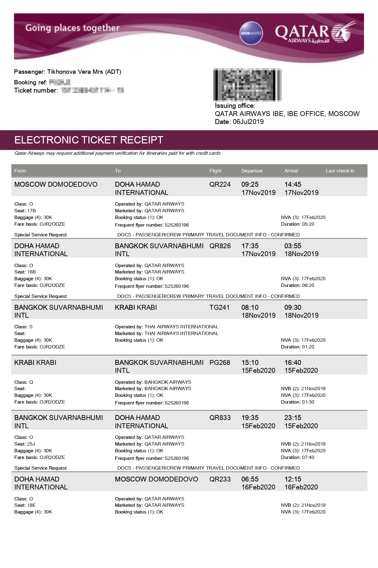 А билет на рейс Москва — Доха — Бангкок — Краби и обратно стоил 28 368 ₽. Стоимость обоих билетов — и на поезд, и на самолет — я включила в сумму профессионального вычета