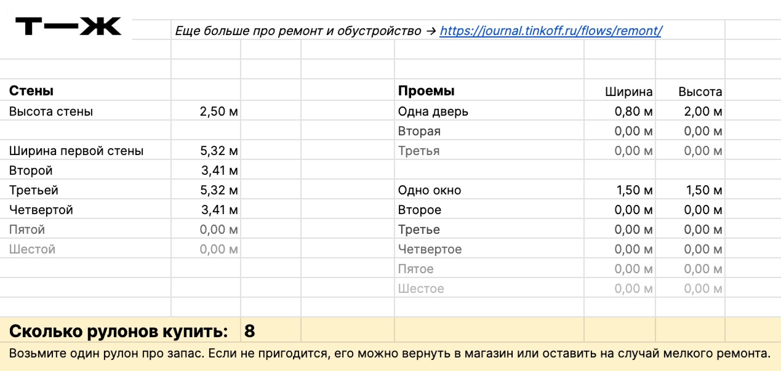 В калькуляторе можно посчитать обои максимально детально — с учетом дверных и оконных проемов. Получить калькулятор можно прямо на почту