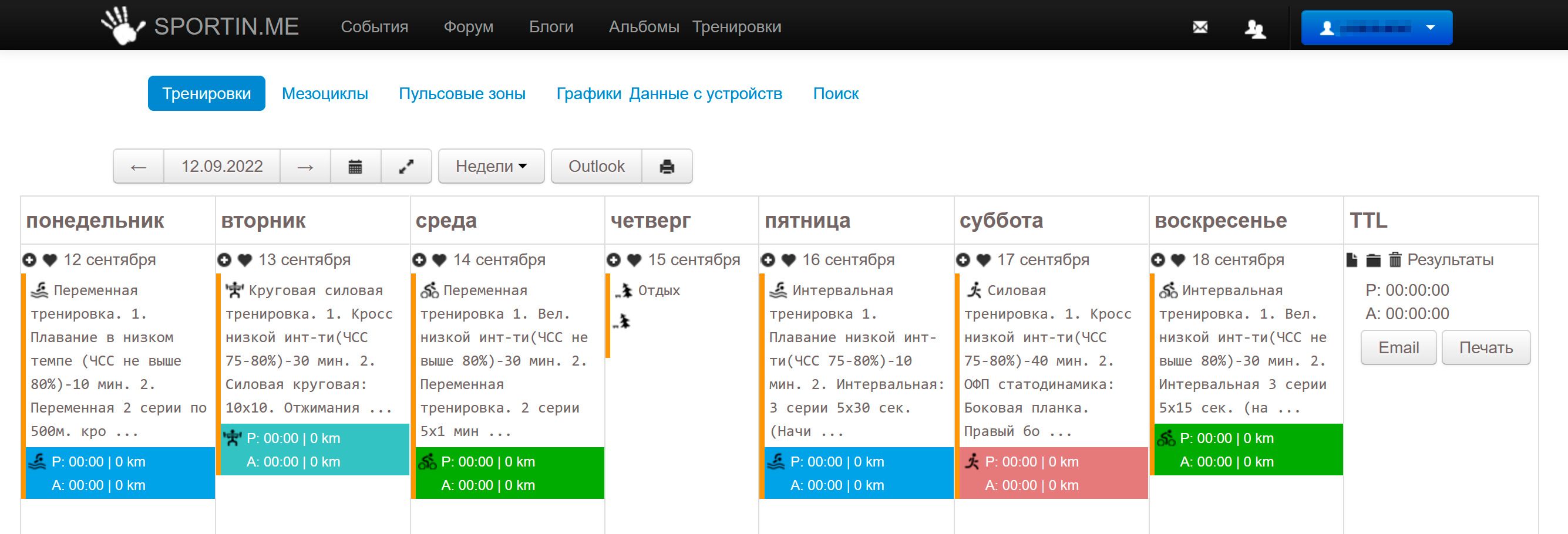 Пример плана на неделю от моего тренера