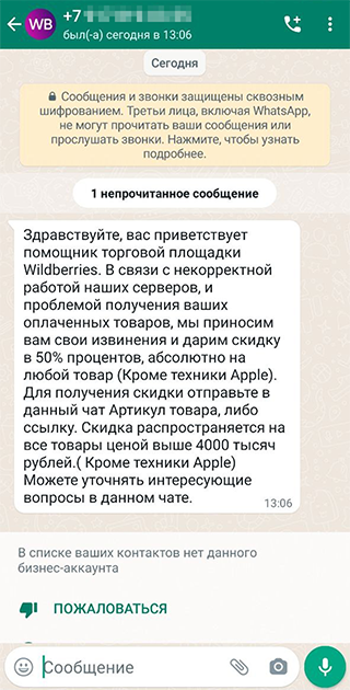 Сообщение поступило от бизнес⁠-⁠аккаунта. На первый взгляд кажется, что пишет действительно представитель «Вайлдберриз»