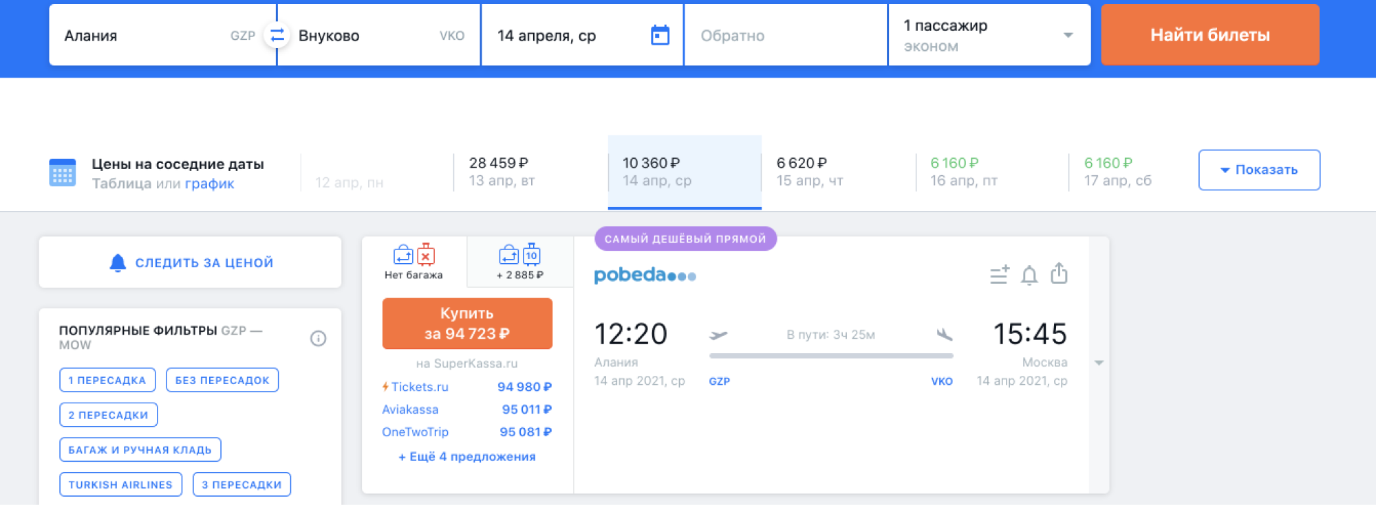 Из-за ажиотажа цены на рейсы из Турции в Москву растут. Например, «Победа» предлагает перелет 14 апреля из Алании во Внуково за 94 723 ₽