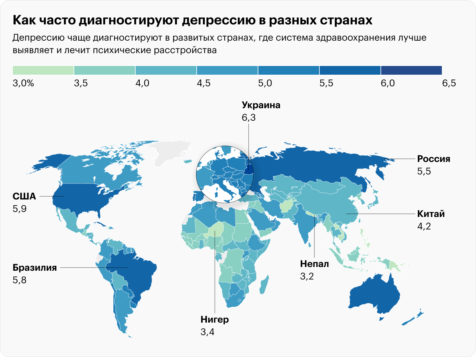 Скорее всего, эти оценки ниже реальных цифр. Особенно в менее развитых странах, где медицина не так хорошо подготовлена к диагностике и лечению ментальных расстройств. Кроме того, даже в развитых странах депрессию часто не выявляют.