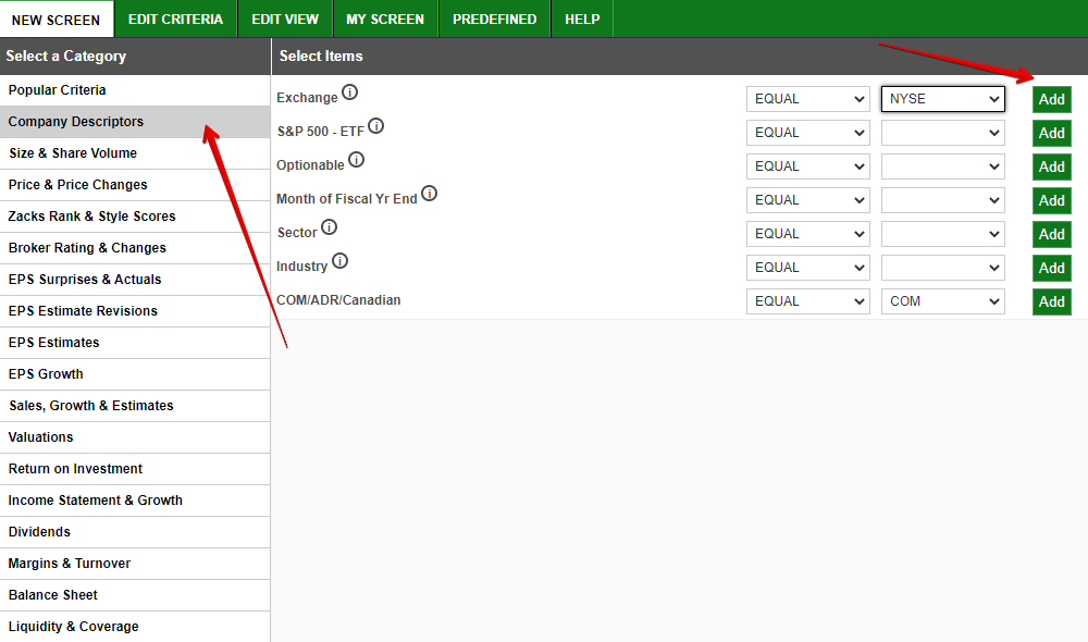 В скринере «Закс» придется заполнять поля вручную. Сначала перейдите в раздел Company Description и в поле Exchange выберите биржу NYSE. Нажмите кнопку Add, чтобы добавить фильтр