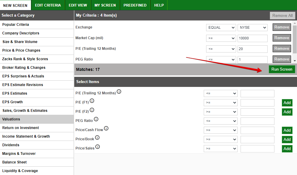 Когда все фильтры выбраны, нажмите кнопку Run Screen, чтобы просмотреть результаты поиска