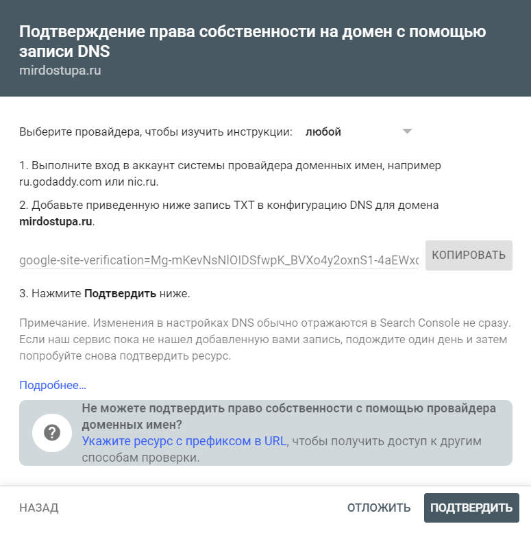 В этом окне нужно скопировать txt⁠-⁠запись и добавить ее на сайт регистратора. Только после этого можно нажать кнопку «Подтвердить»