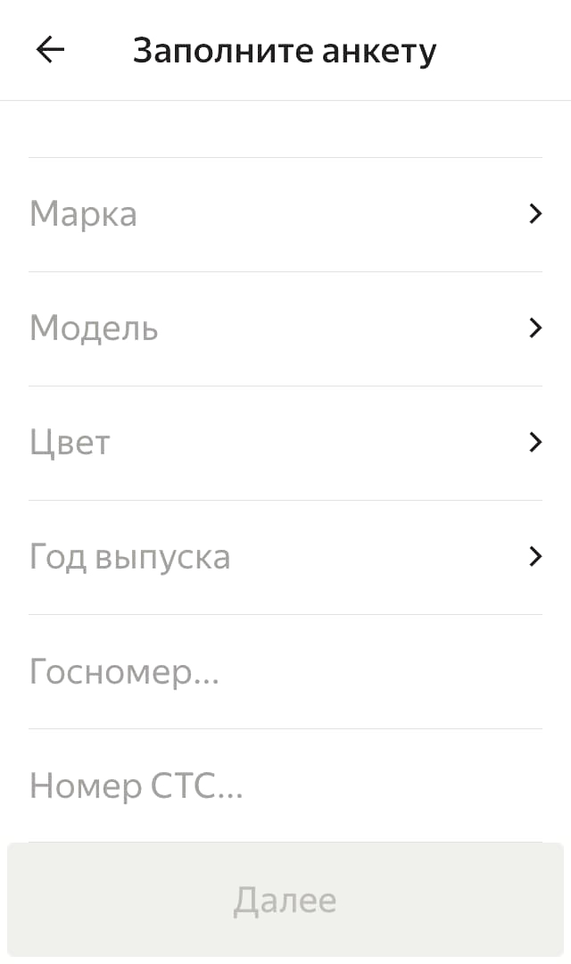 Я выбрал свой, поэтому мне нужно было ввести информацию об автомобиле: марку, модель, цвет, год выпуска и прочее