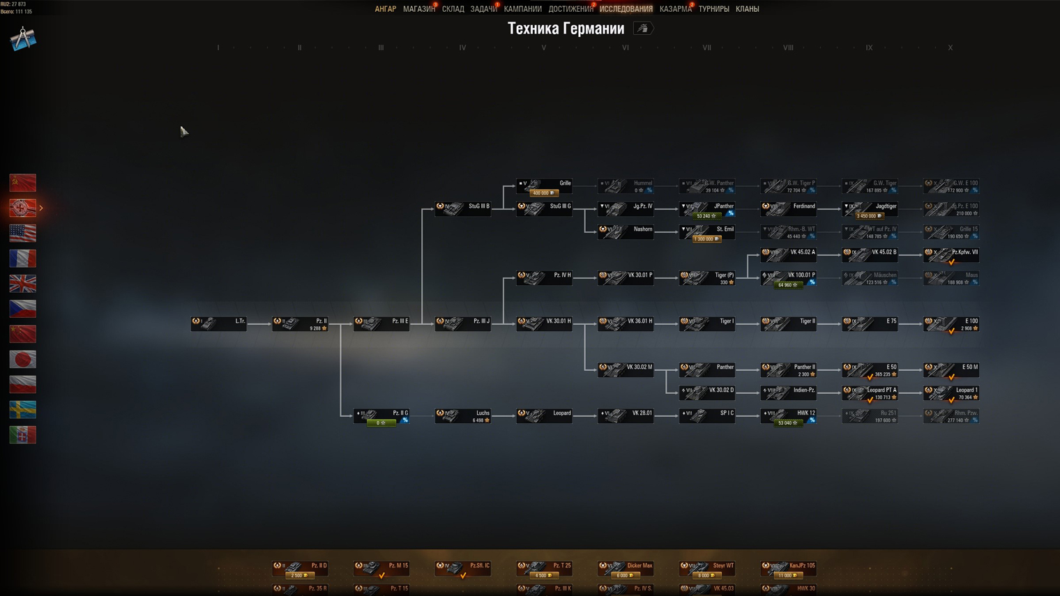 Все доступные в игре ветки танков Германии
