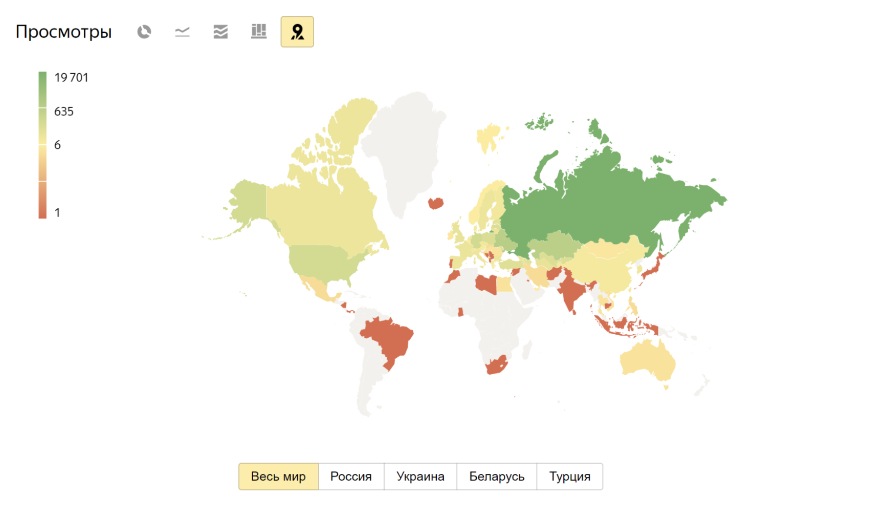 Географию посетителей можно посмотреть и в виде карты. Она наглядно показывает долю визитов для каждой страны