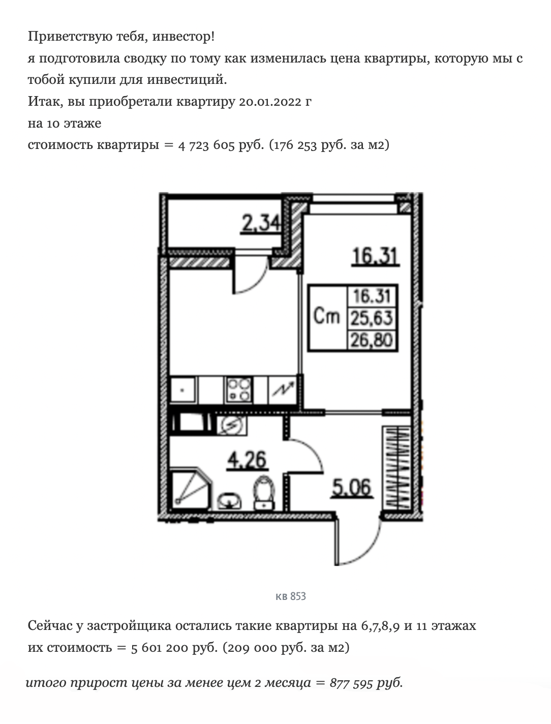 После внезапного роста стоимости риелтор прислала резюме, в котором сообщила, что квартира выросла в цене на 877 595 ₽