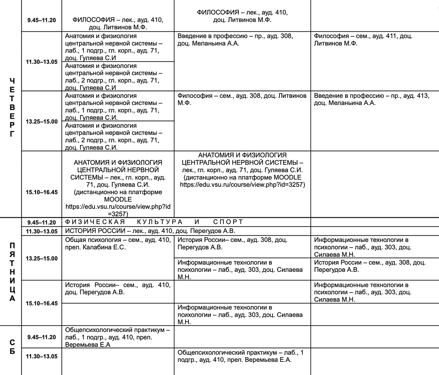Расписание занятий на первом семестре первого курса факультета философии и психологии Воронежского государственного университета. Примерно такое же было и у меня