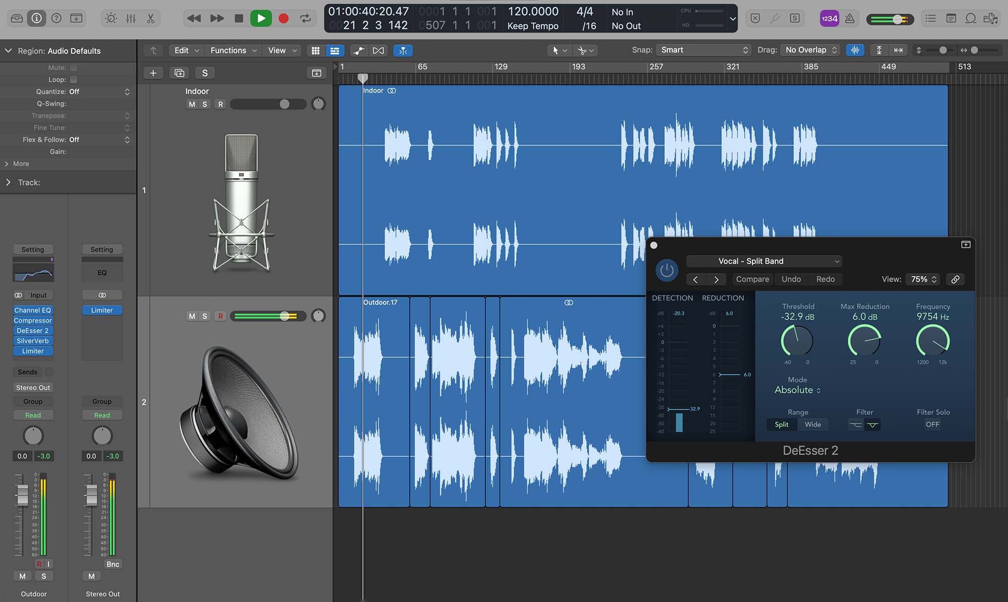 Так выглядит интерфейс программы для монтажа звука Logic Pro