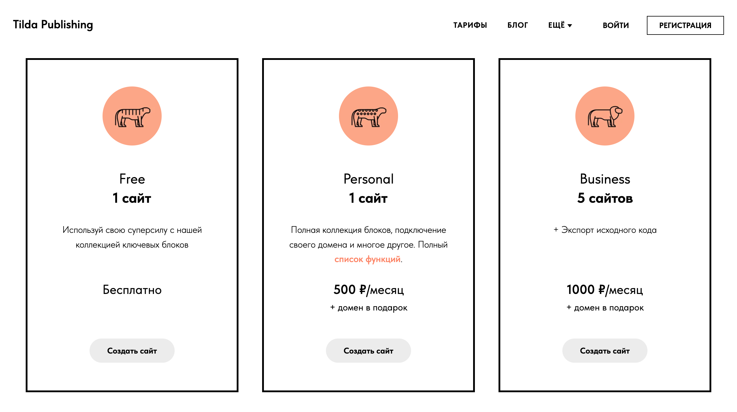 Платные тарифы «Тильды» позволяют использовать все функции, в том числе создать сайт с интернет⁠-⁠магазином, портфолио, промостраницами и так далее. Один сайт стоит 500 ₽ в месяц, пакет на пять сайтов — 1000 ₽ в месяц. Источник: tilda.cc