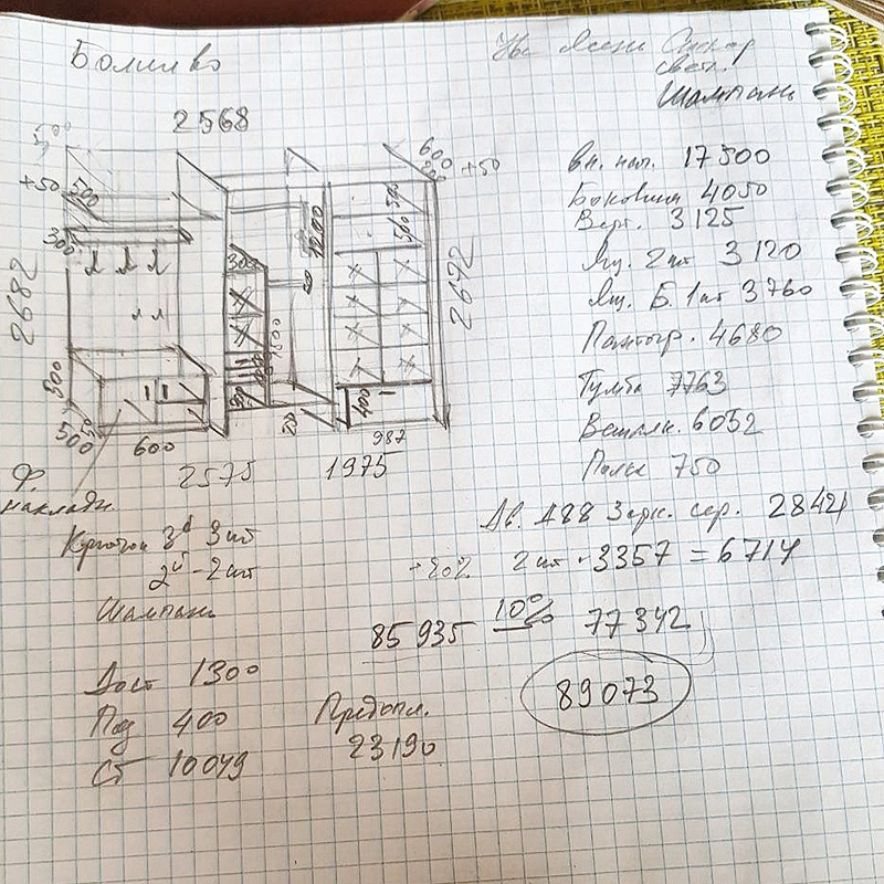 Это расчеты замерщика одной из фирм. Тут хорошо видно, как должен был выглядеть мой будущий шкаф. Но отдавать за него 89 073 ₽ я была не готова