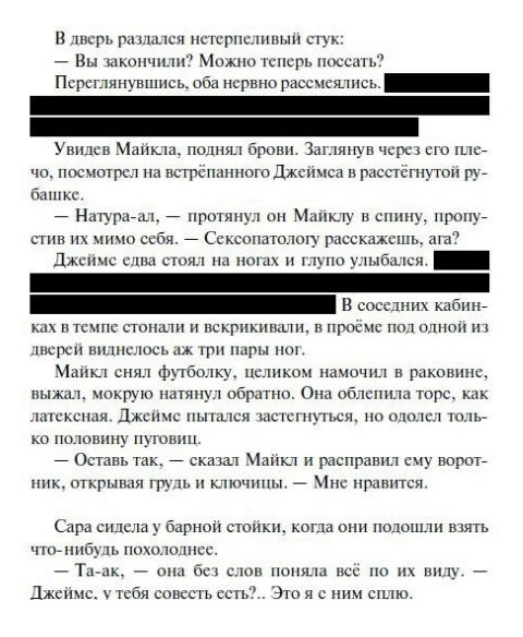 В издательстве объяснили, что не стали совсем вырезать спорные фрагменты, а закрасили их черным — «чтобы не скрывать факт цензуры». Они составили 3% от книги. Источник: eksmo.ru