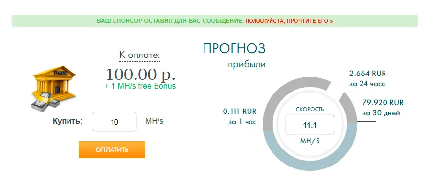 За покупку мощностей на 100 ₽ мошенники обещают доход в 79 ₽ в месяц. Скромно по сравнению с другими схемами, но зато добавляет реалистичности в глазах жертвы