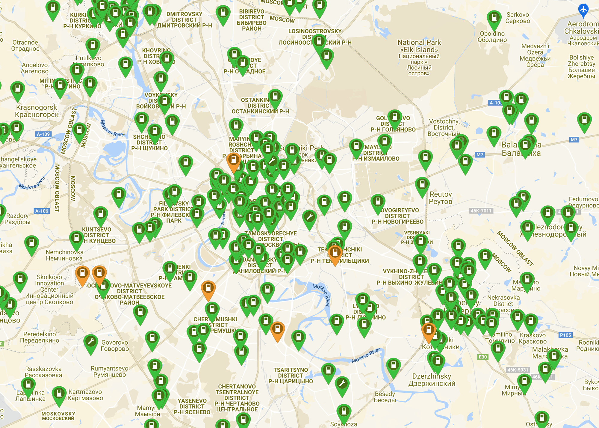 Карта московских зарядных станций на plugshare.com (сайт недоступен из РФ)