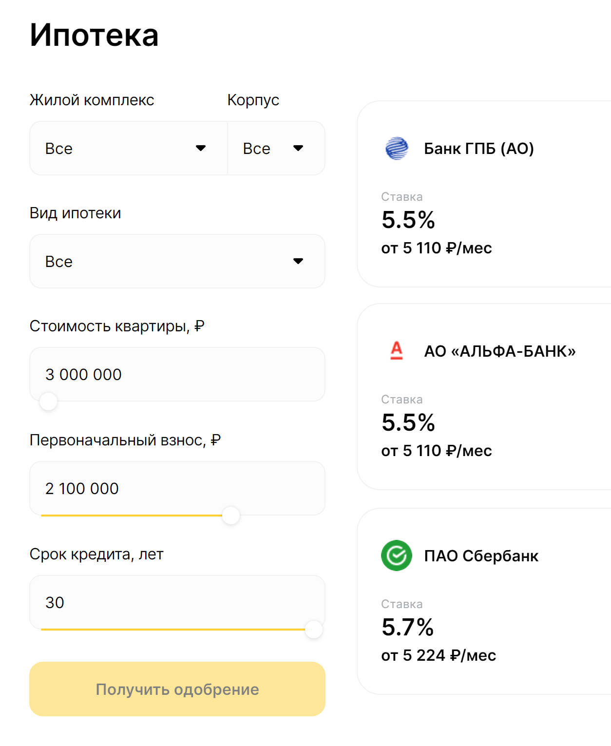 Ипотека у других кредиторов идет по другим ставкам. Например, с «Газпромбанком» действует ставка 5,5%, а со Сбербанком — 5,7%. Источник: ingrad.ru