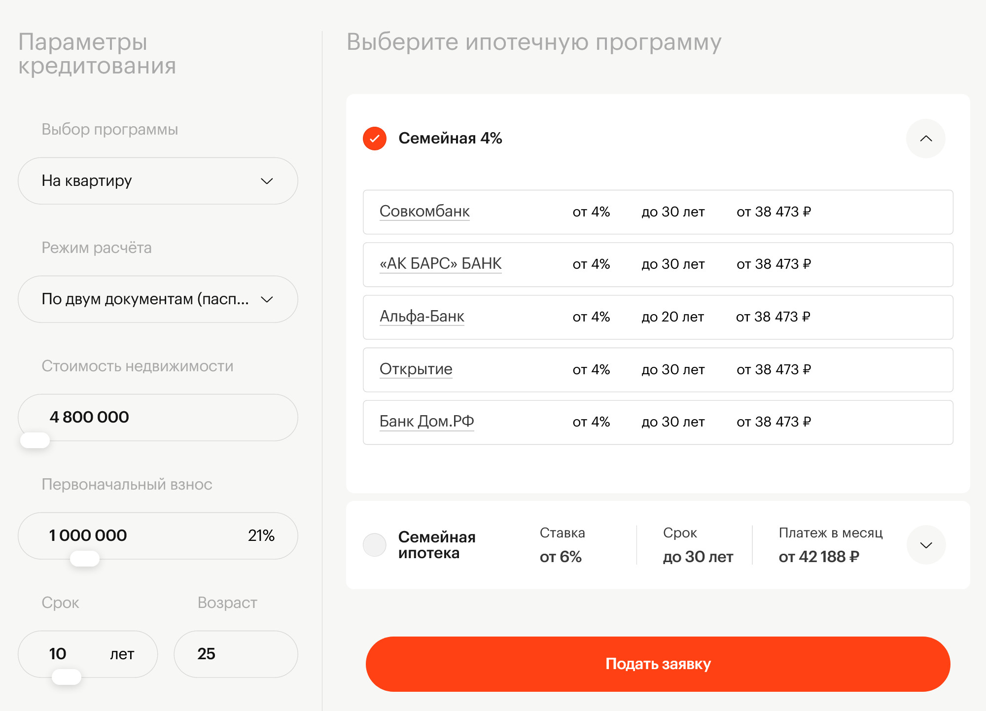 Минимальная ставка по семейной ипотеке и при оформлении страхования жизни — 4%. Источник: pik.ru