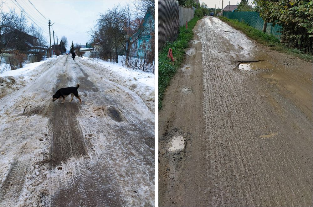 Дорога в поселке старая, покрытие — что⁠-⁠то вроде прессованной асфальтовой крошки. Периодически ямы латают щебнем